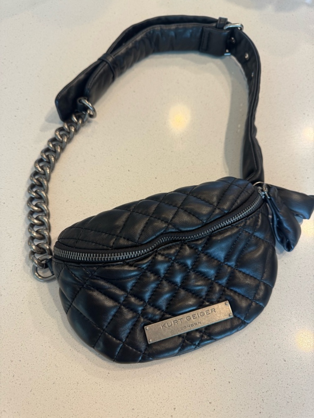 Kurt Geiger Black Quilted Leather Mini Belt Bag with Chain